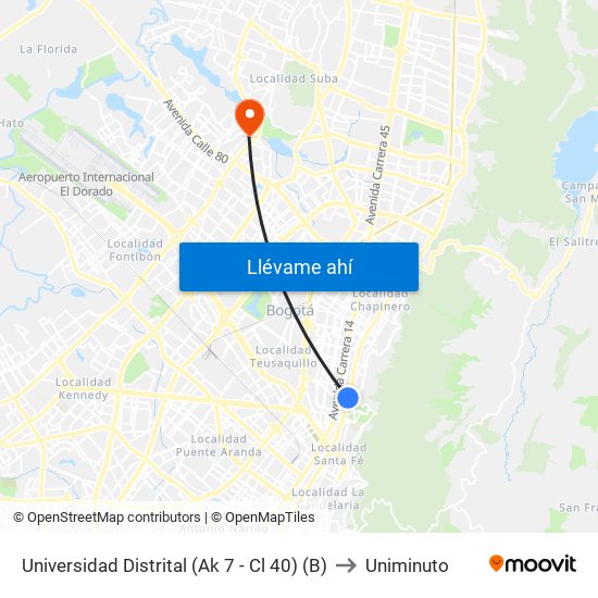 Universidad Distrital (Ak 7 - Cl 40) (B) to Uniminuto map