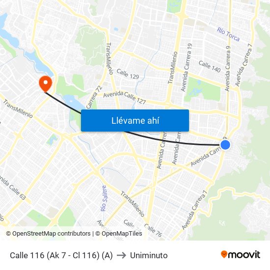 Calle 116 (Ak 7 - Cl 116) (A) to Uniminuto map