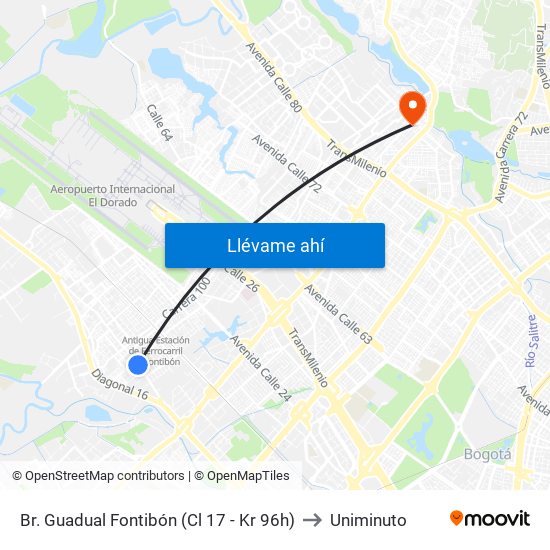 Br. Guadual Fontibón (Cl 17 - Kr 96h) to Uniminuto map