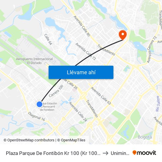 Plaza Parque De Fontibón Kr 100 (Kr 100 - Cl 17a) to Uniminuto map