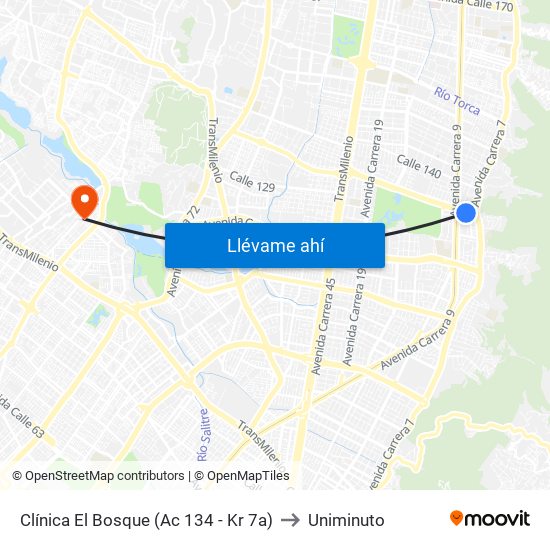 Clínica El Bosque (Ac 134 - Kr 7a) to Uniminuto map