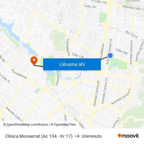 Clinica Monserrat (Ac 134 - Kr 17) to Uniminuto map