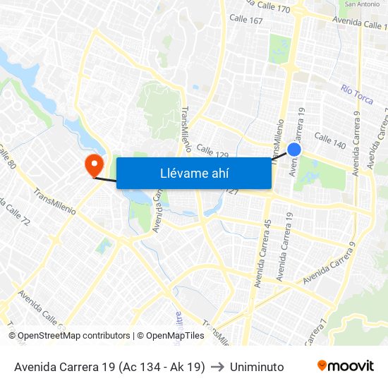 Avenida Carrera 19 (Ac 134 - Ak 19) to Uniminuto map