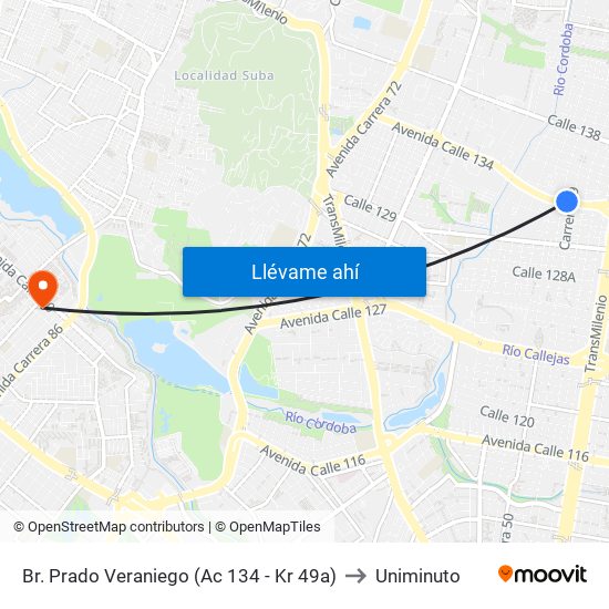 Br. Prado Veraniego (Ac 134 - Kr 49a) to Uniminuto map