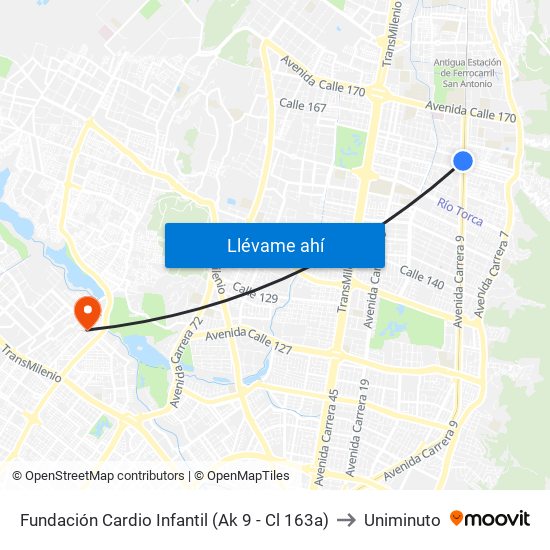 Fundación Cardio Infantil (Ak 9 - Cl 163a) to Uniminuto map