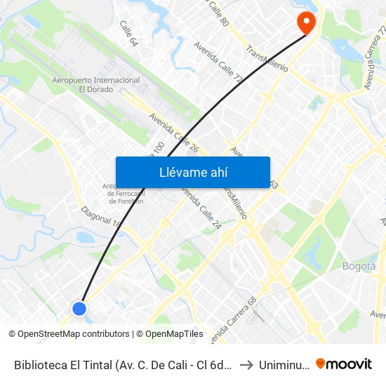 Biblioteca El Tintal (Av. C. De Cali - Cl 6d) (A) to Uniminuto map
