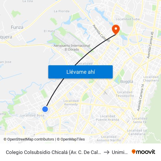 Colegio Colsubsidio Chicalá (Av. C. De Cali - Dg 52a Sur) to Uniminuto map