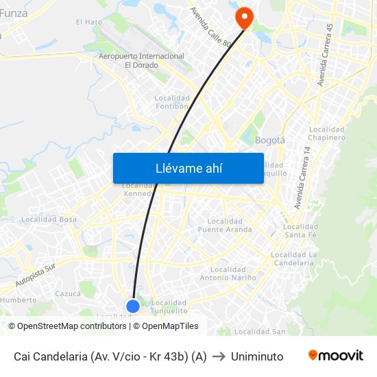 Cai Candelaria (Av. V/cio - Kr 43b) (A) to Uniminuto map