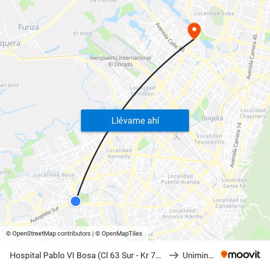 Hospital Pablo VI Bosa (Cl 63 Sur - Kr 77g) (A) to Uniminuto map