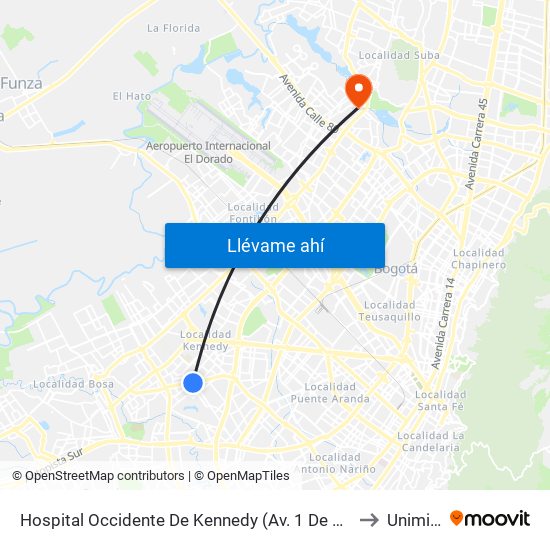 Hospital Occidente De Kennedy (Av. 1 De Mayo - Cl 40 Sur) (A) to Uniminuto map