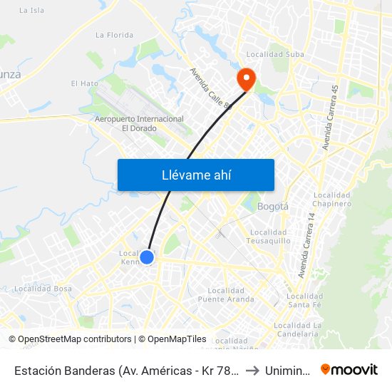 Estación Banderas (Av. Américas - Kr 78a) (A) to Uniminuto map