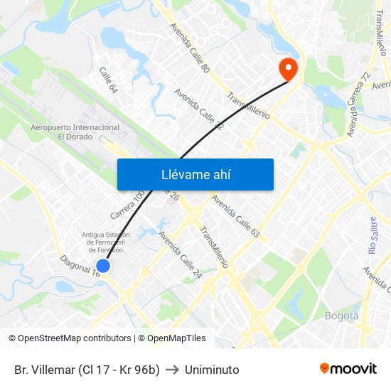 Br. Villemar (Cl 17 - Kr 96b) to Uniminuto map