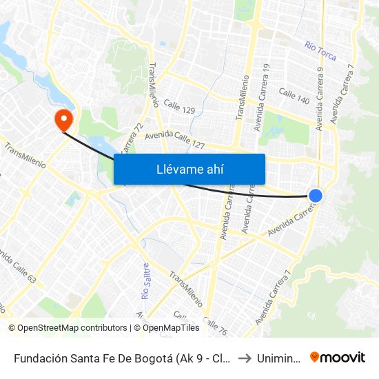 Fundación Santa Fe De Bogotá (Ak 9 - Cl 117a) to Uniminuto map