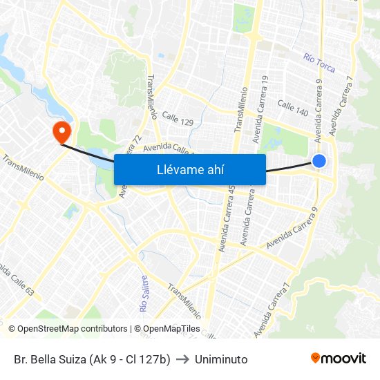 Br. Bella Suiza (Ak 9 - Cl 127b) to Uniminuto map