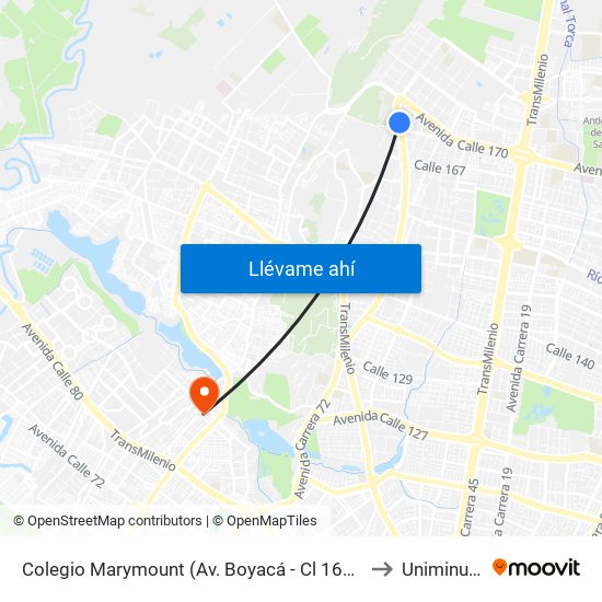 Colegio Marymount (Av. Boyacá - Cl 169b) to Uniminuto map