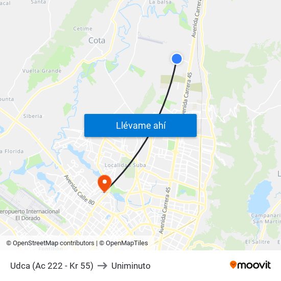 Udca (Ac 222 - Kr 55) to Uniminuto map