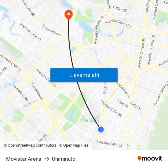 Movistar Arena to Uniminuto map