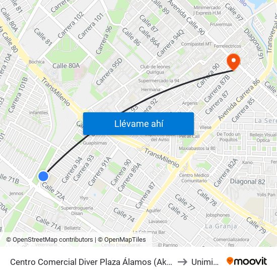 Centro Comercial Diver Plaza Álamos (Ak 96 - Cl 72a) to Uniminuto map