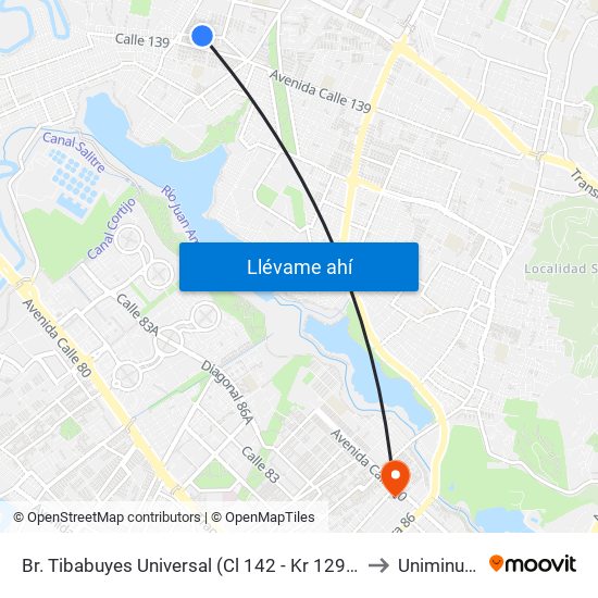 Br. Tibabuyes Universal (Cl 142 - Kr 129b) to Uniminuto map