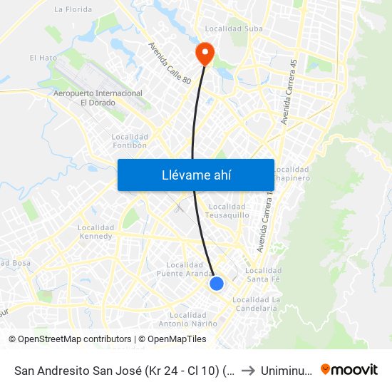 San Andresito San José (Kr 24 - Cl 10) (A) to Uniminuto map