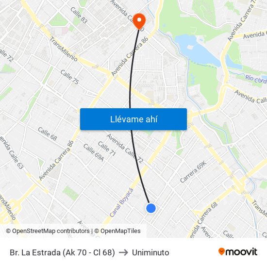 Br. La Estrada (Ak 70 - Cl 68) to Uniminuto map