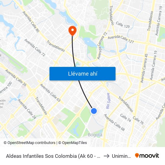 Aldeas Infantiles Sos Colombia (Ak 60 - Ac 64) to Uniminuto map