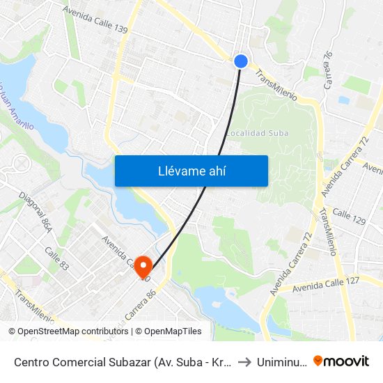 Centro Comercial Subazar (Av. Suba - Kr 91) to Uniminuto map