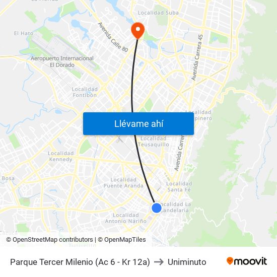 Parque Tercer Milenio (Ac 6 - Kr 12a) to Uniminuto map