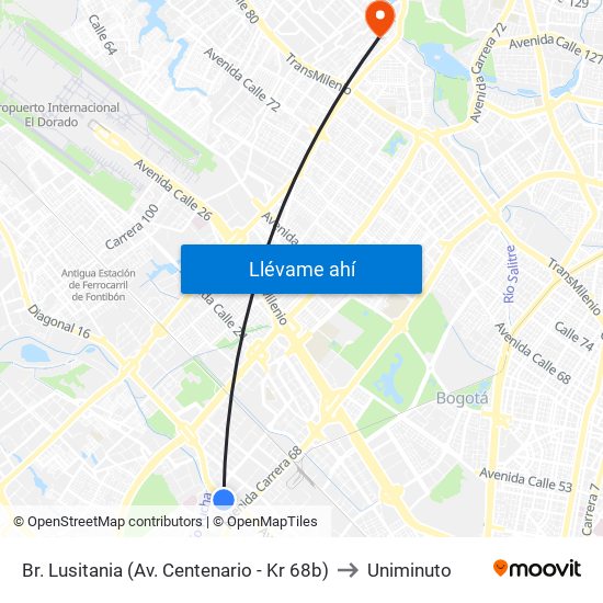 Br. Lusitania (Av. Centenario - Kr 68b) to Uniminuto map