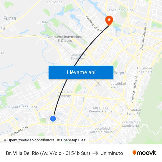Br. Villa Del Río (Av. V/cio - Cl 54b Sur) to Uniminuto map
