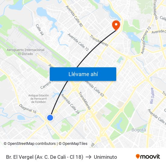 Br. El Vergel (Av. C. De Cali - Cl 18) to Uniminuto map