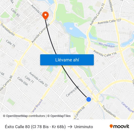 Éxito Calle 80 (Cl 78 Bis - Kr 68b) to Uniminuto map
