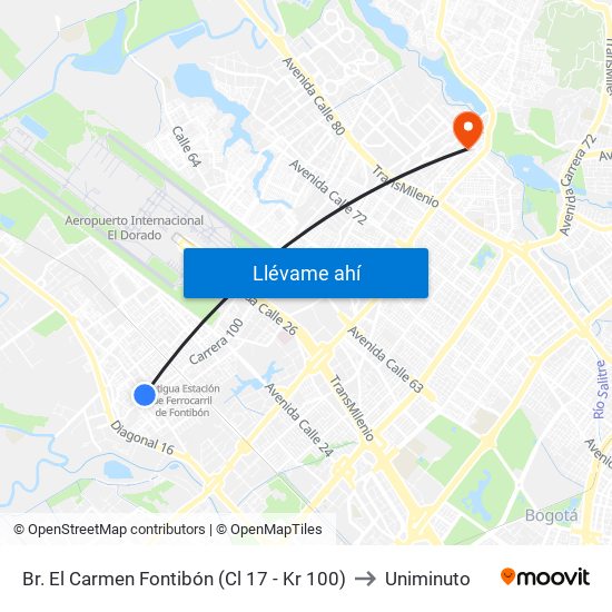 Br. El Carmen Fontibón (Cl 17 - Kr 100) to Uniminuto map