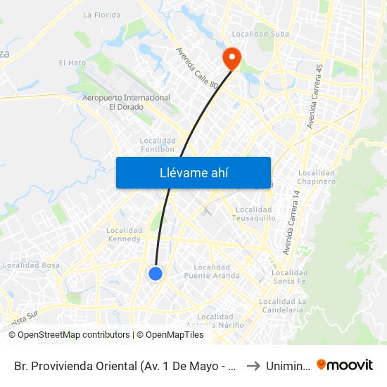 Br. Provivienda Oriental (Av. 1 De Mayo - Kr 68h) (A) to Uniminuto map