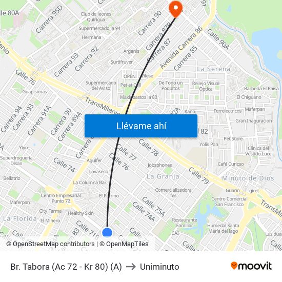 Br. Tabora (Ac 72 - Kr 80) (A) to Uniminuto map