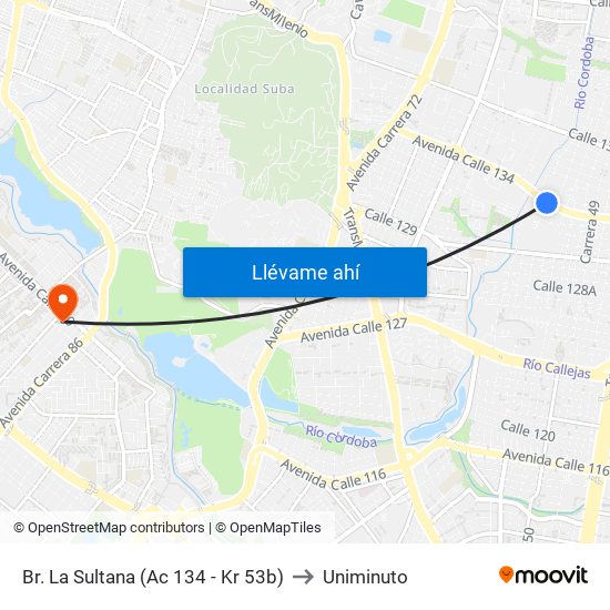 Br. La Sultana (Ac 134 - Kr 53b) to Uniminuto map