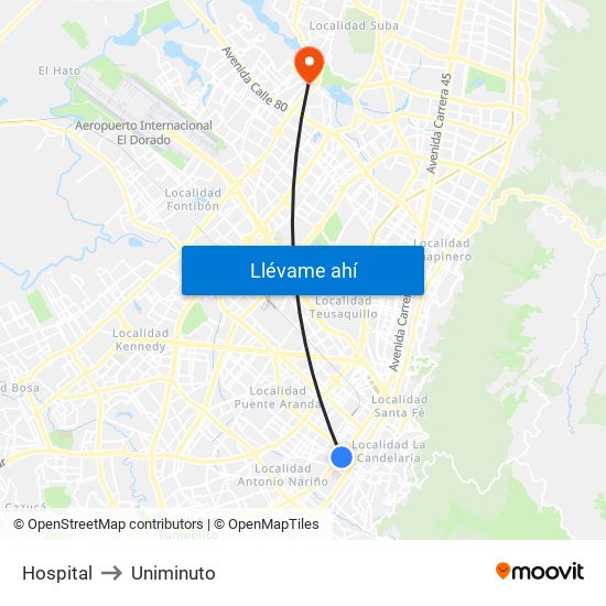 Hospital to Uniminuto map