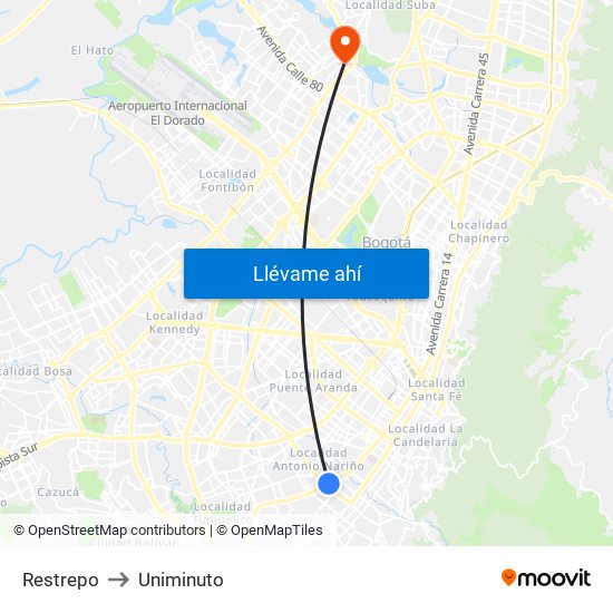 Restrepo to Uniminuto map