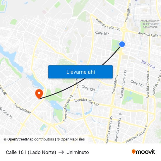 Calle 161 (Lado Norte) to Uniminuto map