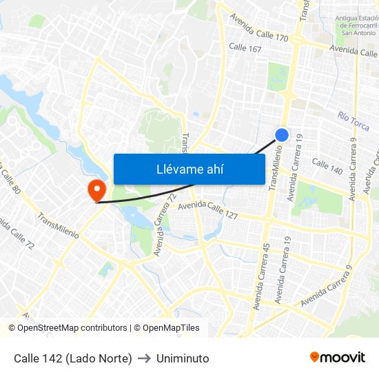 Calle 142 (Lado Norte) to Uniminuto map
