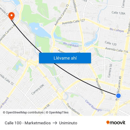 Calle 100 - Marketmedios to Uniminuto map