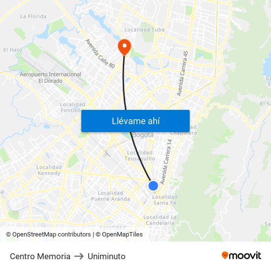 Centro Memoria to Uniminuto map