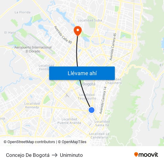 Concejo De Bogotá to Uniminuto map