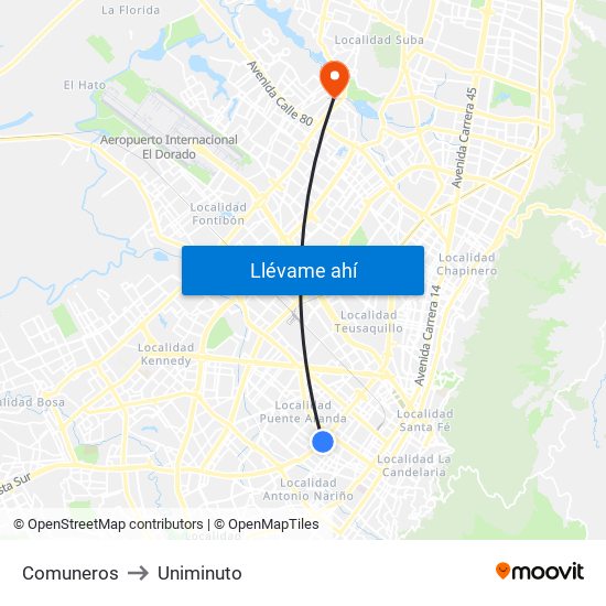 Comuneros to Uniminuto map