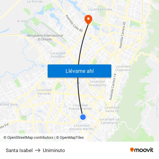 Santa Isabel to Uniminuto map