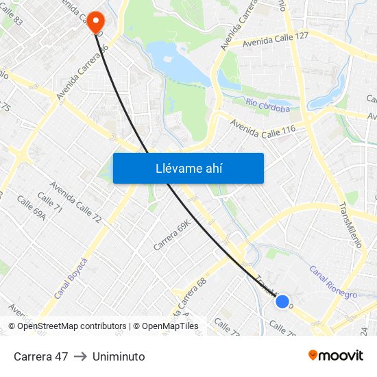 Carrera 47 to Uniminuto map