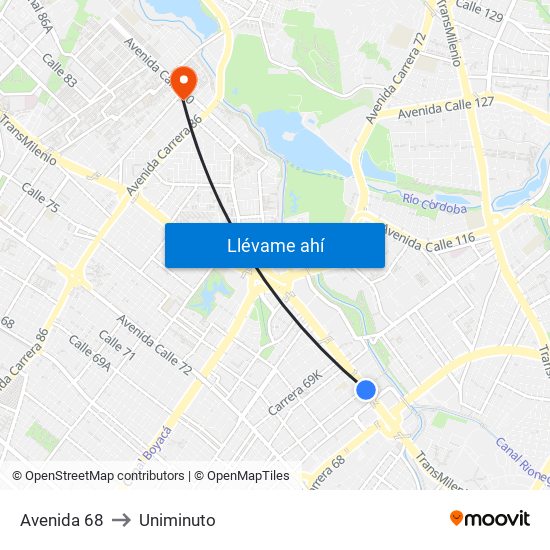 Avenida 68 to Uniminuto map