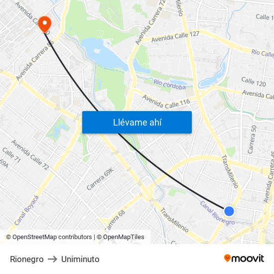 Rionegro to Uniminuto map