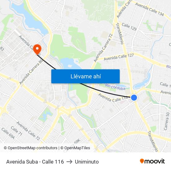 Avenida Suba - Calle 116 to Uniminuto map