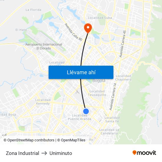 Zona Industrial to Uniminuto map